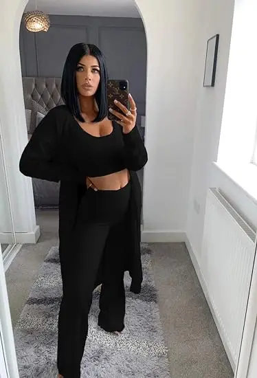 Winter Fluffy Sexy Women 3 Piece Sleepwear Lounge Set Cozy Knit Cardigan Crop Tank Tops Pants Soft Ladies Fuzzy Pajama Set