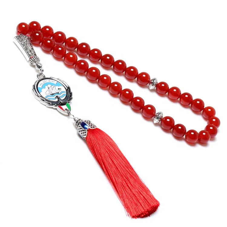 Allah & Muhammad Engraved Natural Red Agate Stone Rosary Islamic Muslim Prayer Beads Tasbih