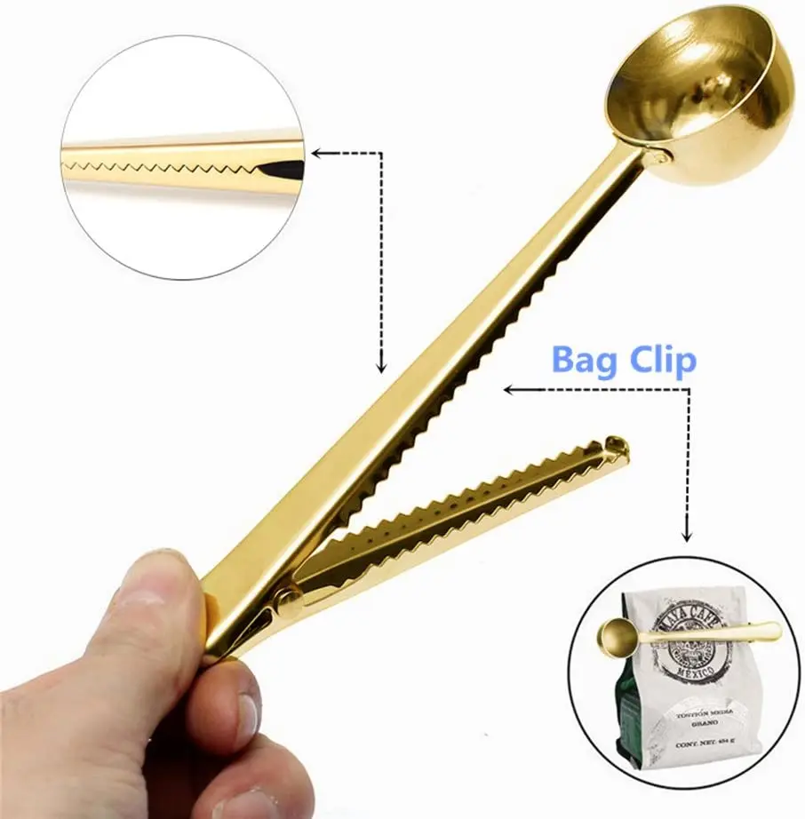 Stainless Steel Golden Coffee Scoop Bag Clip Multi Function Coffee Measuring Spoon