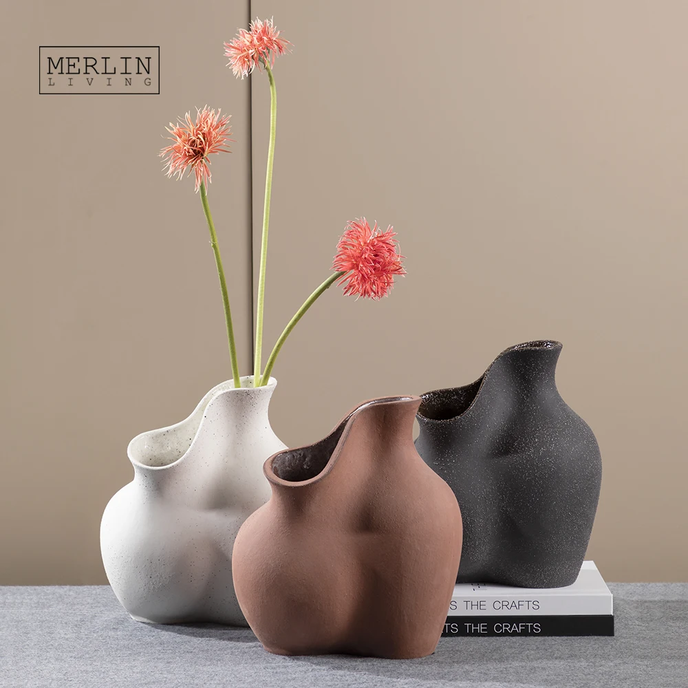 Merlin Living Room Decor White Flower Vase Decor Ceramic Vase With Color Soil Grit Nordic Vase