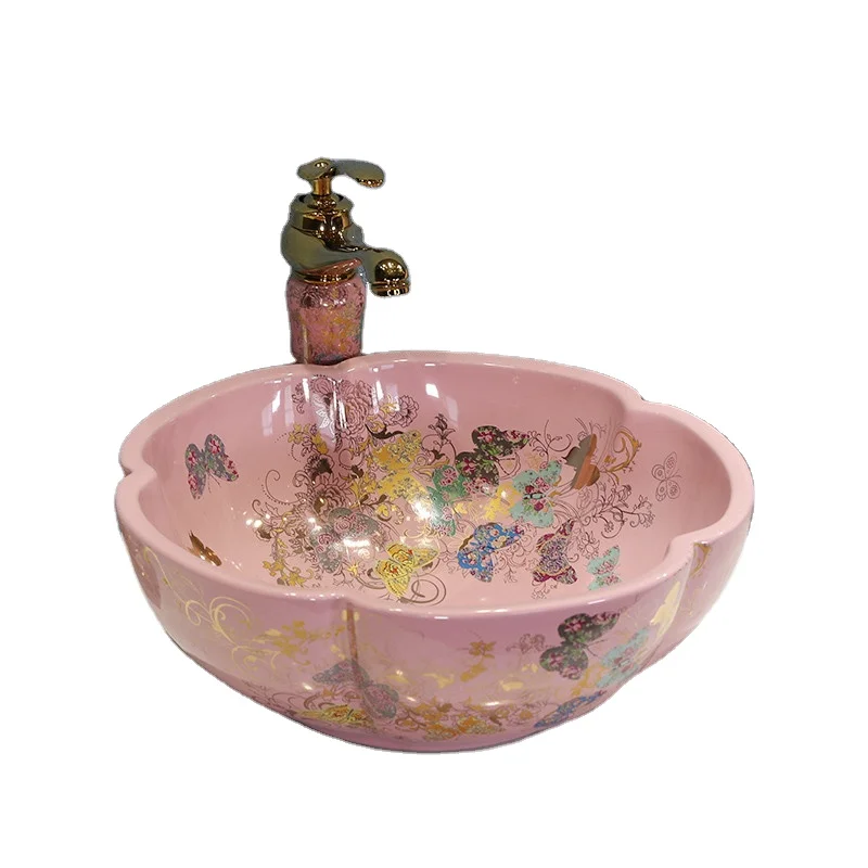 Flower Shape Butterfly Garden Pink Ceramic Vessel Sink with Gold Accents for a Touch of Luxury in Your Bathroom basin sinks
