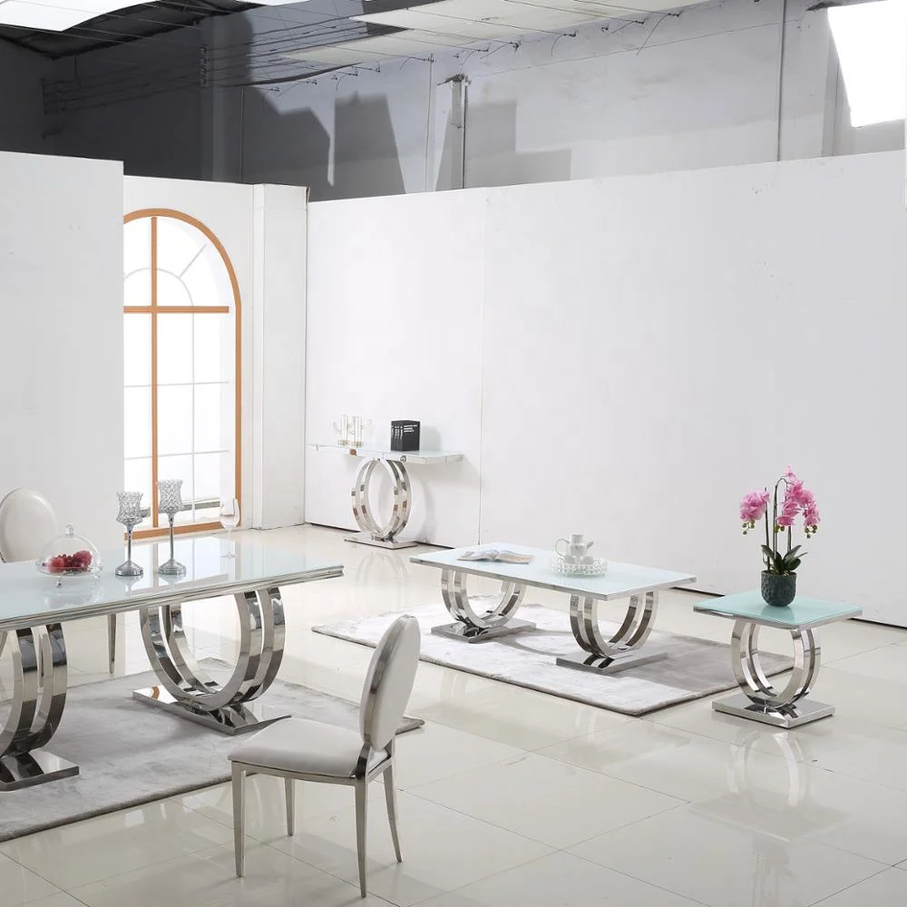 free delivery to China port  HANDMADE stainless steel frame supper white tempered glass dining table