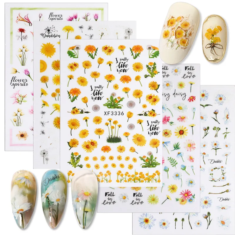 2023 new flowers plants sunflowers small daisies sunflowers nail stickers cute manicure stickers press on nail