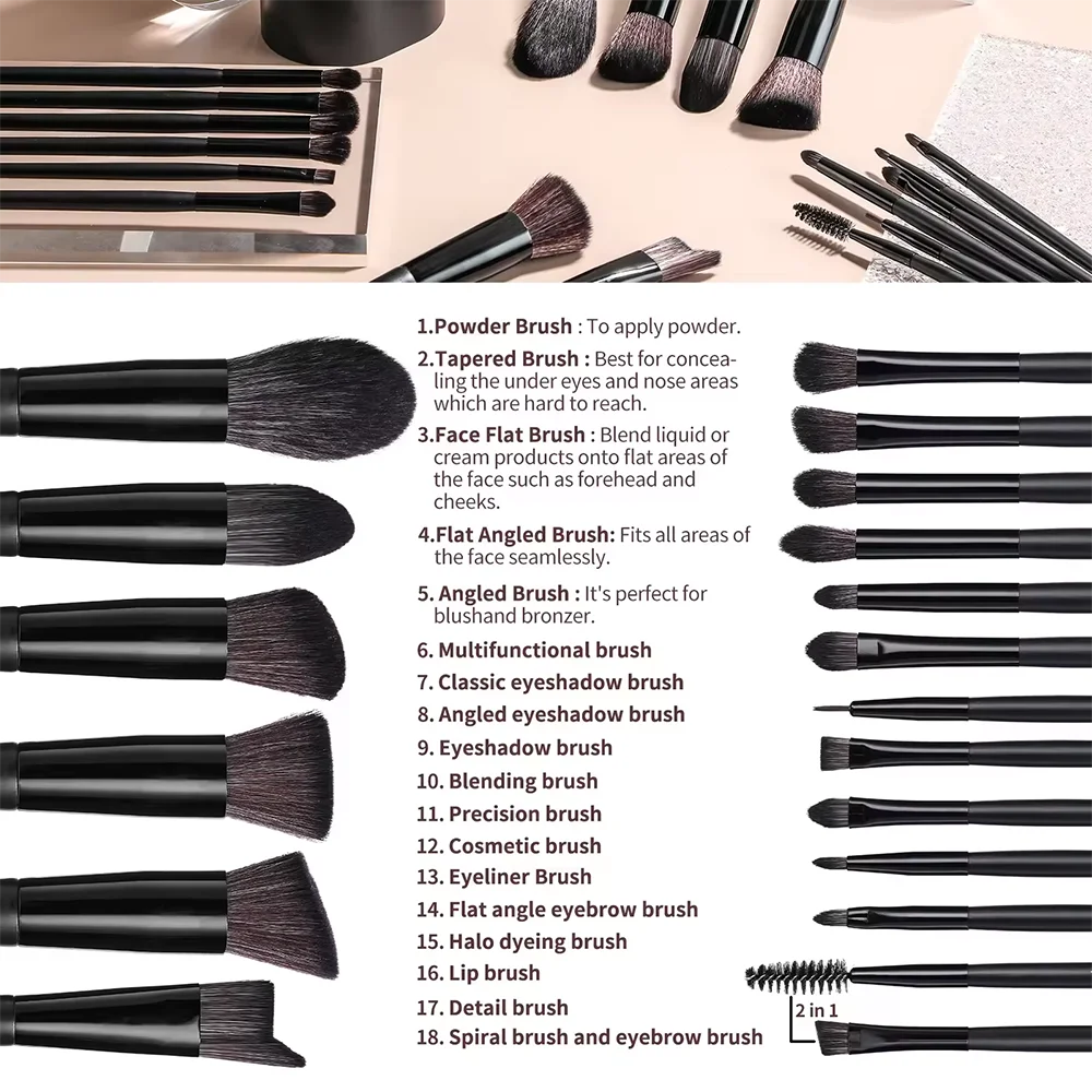18 Piece Black Ultra Soft Professional Good Quality Makeup Brush Set Fan Brush Dual Ended Sparkle Eyeshadow with Cylinder Case