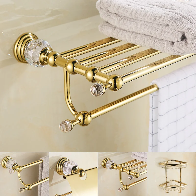 7 PCS Luxury Gold Stainless Steel Bathroom Accessories Hardware Full Set With Crystal