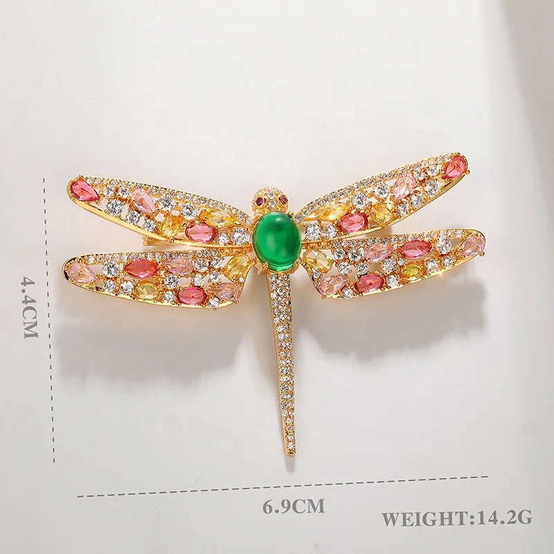 XILIANGFEIZI Vintage Elegant Insect Accessory Copper Zircon 18K Gold Green Gemstone Dragonfly Brooch for Women