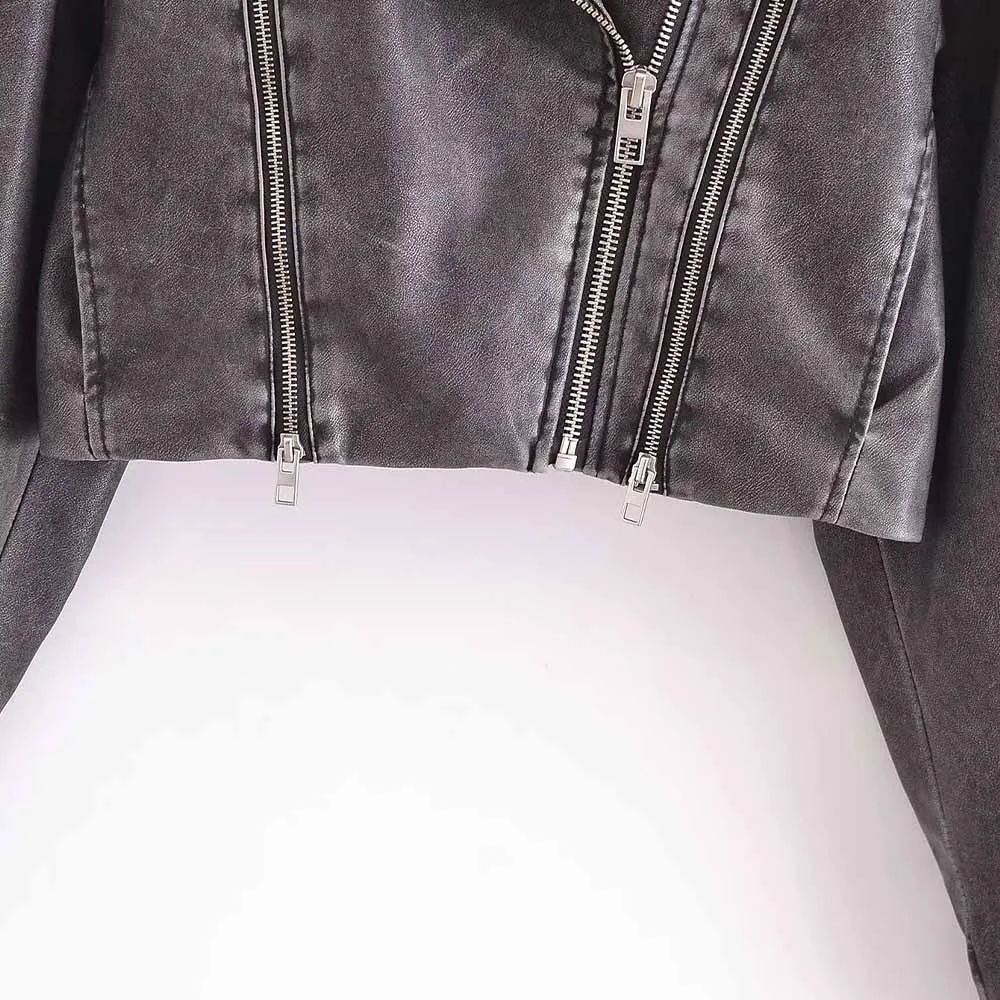 PB&ZA Women 2023 autumn New Fashion Making old leather bikes Jacket Coat Vintage Long Sleeve zipper Female Outerwear