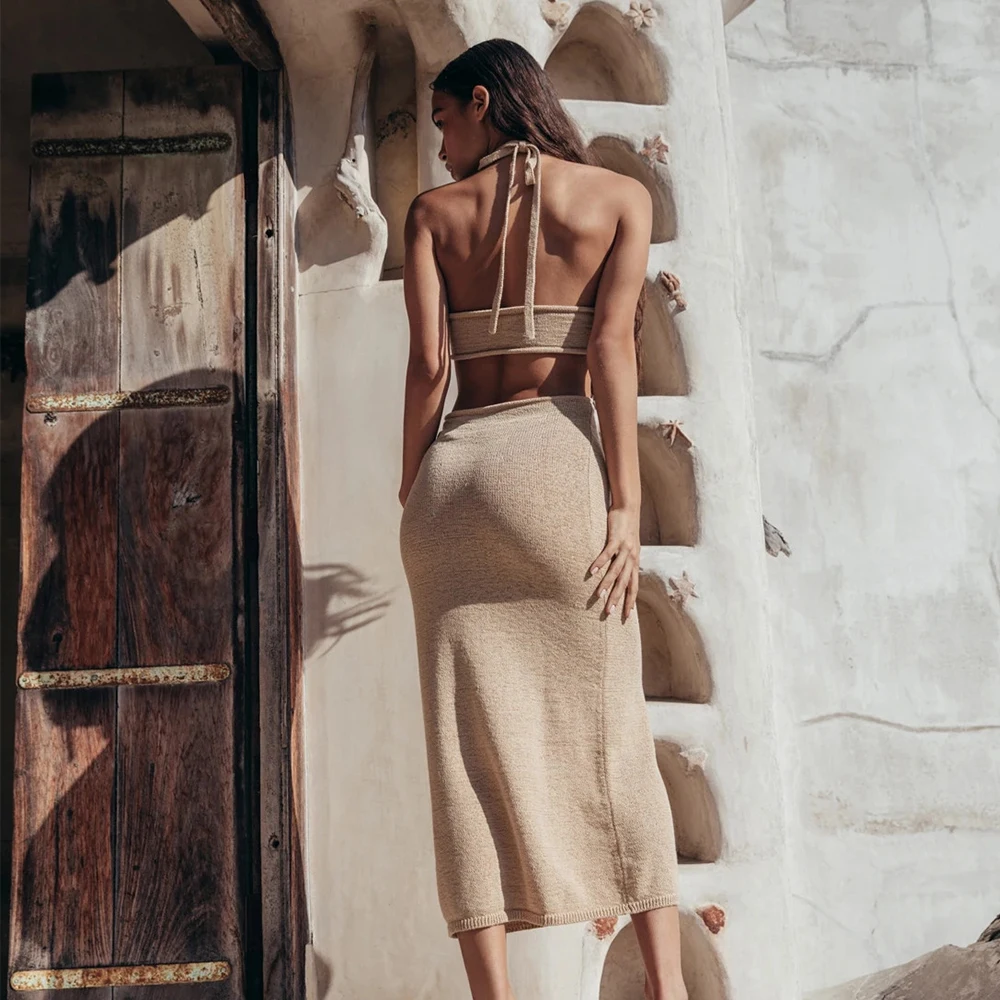 Night Look Knitted Halter Neck Tie Trendy Outfits Sexy Cut Out Summer Beach Wearing Women Loose Casual Long Dress