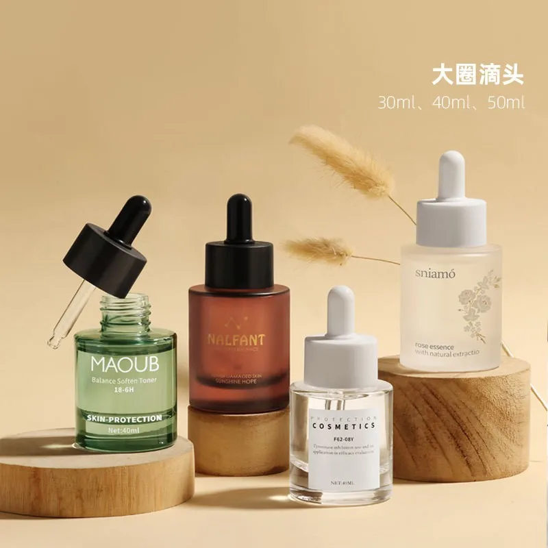 hot sale 30ml 40ml 50ml Thicken Flat Shoulder Glass Serum Bottles Transparent Cosmetic Essential Oil Dropper Bottle