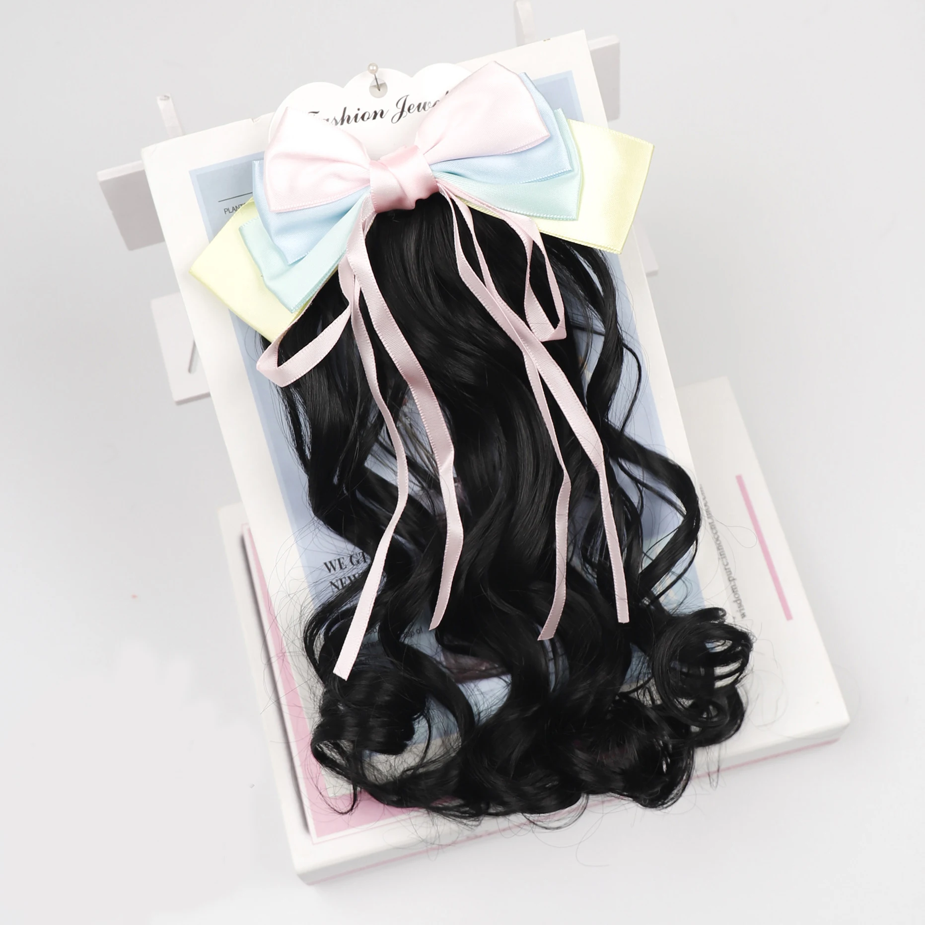 Kid Wig Hairpiece 10 Inch Short Natural Curly Clip In Ponytail Hair Extension With Bow Ribbon