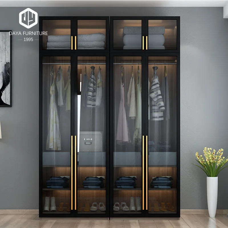 Modern walk in closet aluminum frame glass door wooden wardrobe closet design