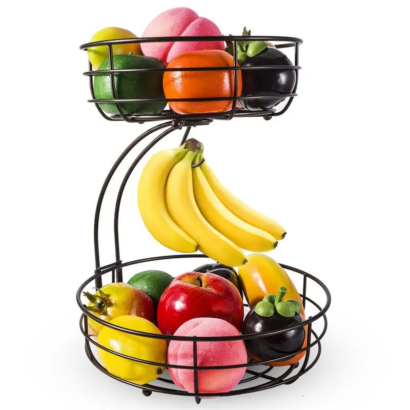 2 Tier Detachable Countertop Fruit Basket Bowl With Banana Hanger For Kitchen Dining Table