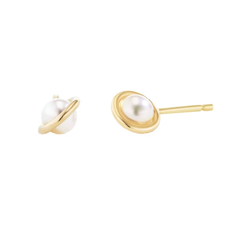 Gemnel new in jewelry golden wire round white pearl 925 sterling silver earring stud
