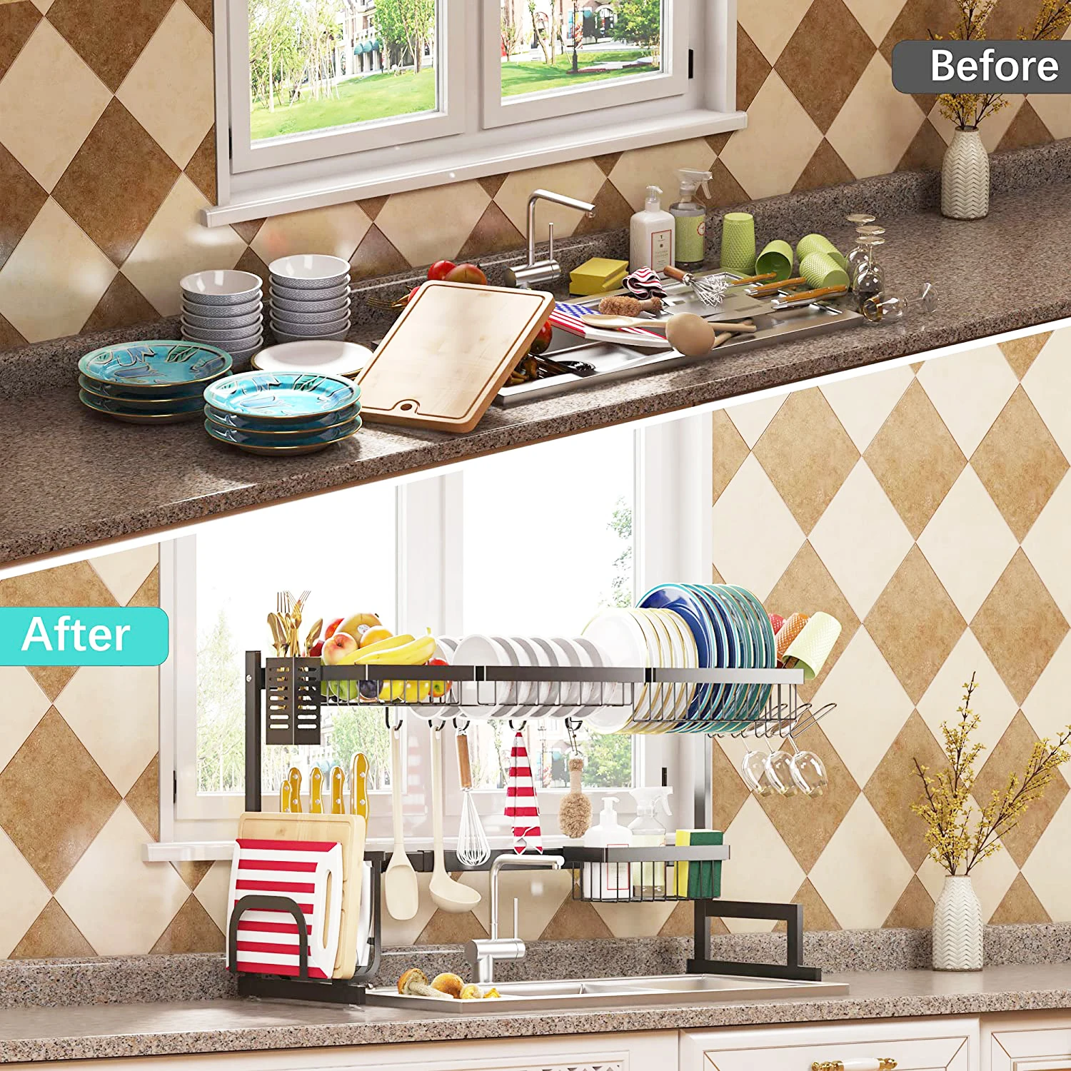 2 tier stainless steel dish drying rack shelf kitchenware storage holder kitchen over the sink cabinet dish drain rack