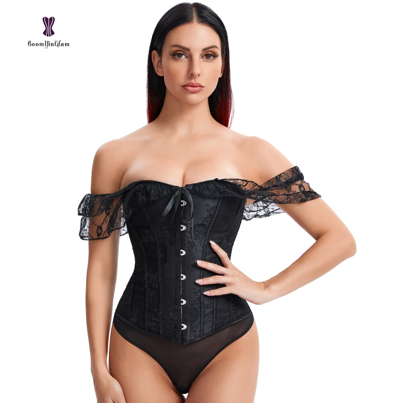 Ready to ship Vintage Overbust off Shoulder 12 Steel Bones Black bustier Shapers Lace Corset With G string for women