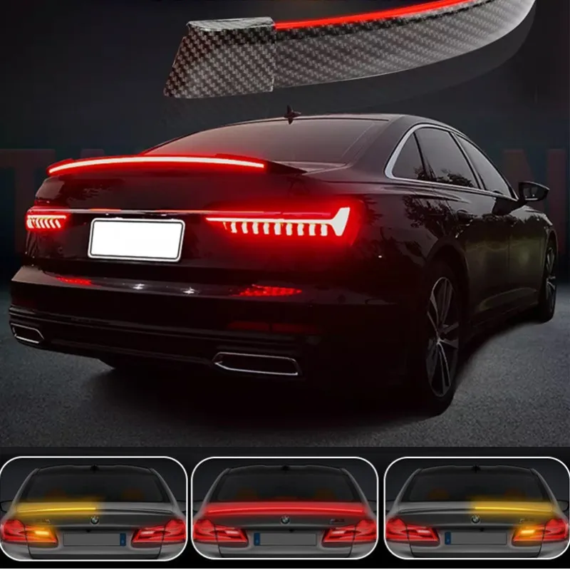 Red + Amber two color Soft LED warning light Car Rear Lip Bumper Spoiler with Carbon Fiber car strip light