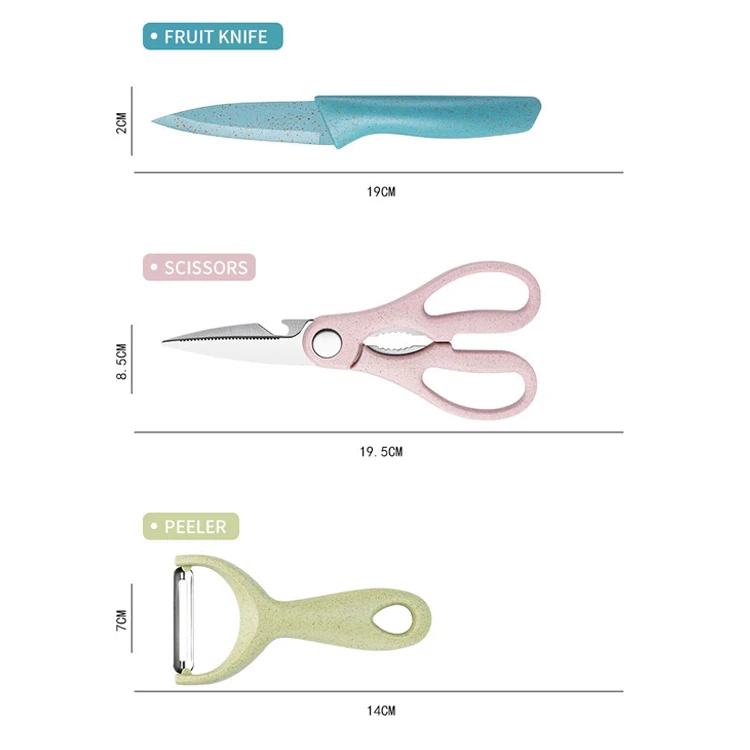 Hot sales colorful wheat straw Kitchen knives 6-Pieces Kit Stainless Steel fruit Knife Scissor Peeler Knife set with gift box