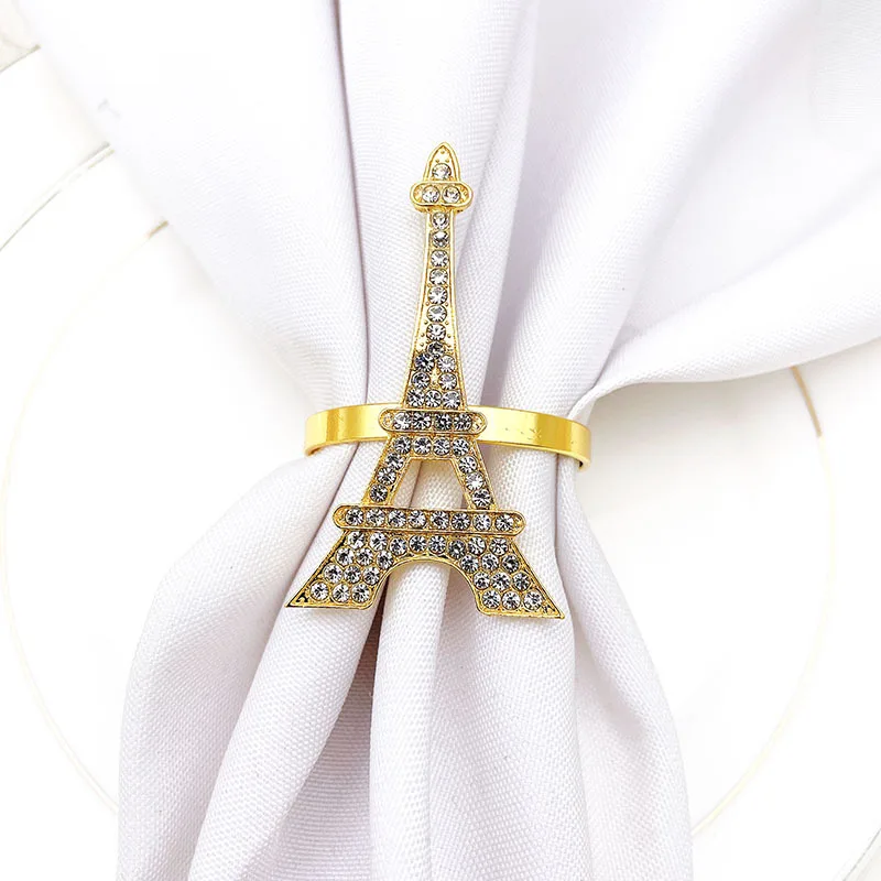 wholesale ideas factory price metal gold Eiffel Tower crystal napkin rings for romantic weddings