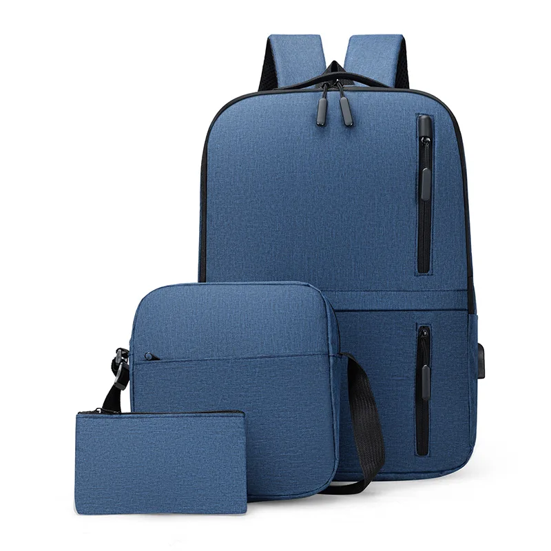 High Quality Fashion Mens, 3 Pieces Set Laptop Backpack Messenger Bag Pencil Case Usb Smart Student School Backpack/