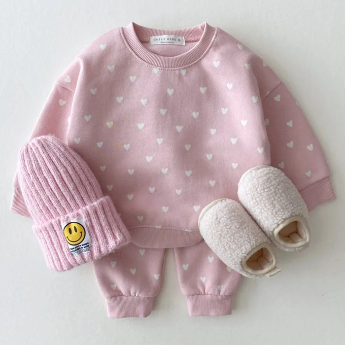Spring Autumn Baby Lovely Girls Two-piece Clothes Casual Set Girls Pure Cotton Heart Print Long Sleeve Baby Suits