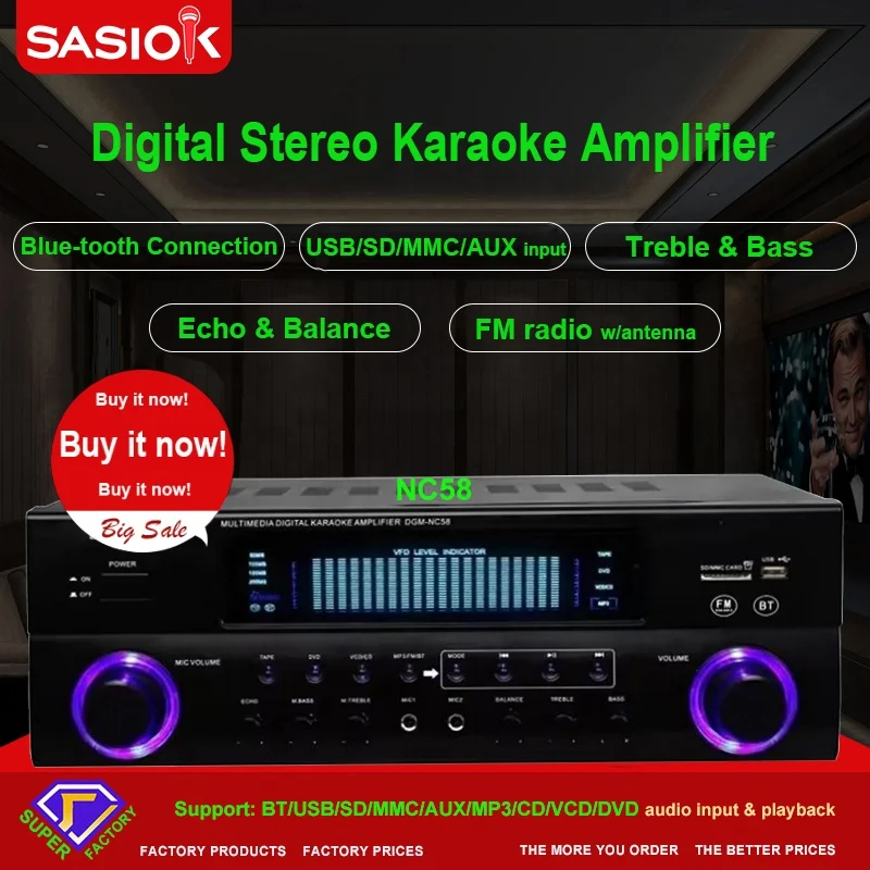 NC58 BT/USB/SD/MMC/AUX/MP3/CD/VCD/DVD аудио вход микрофон эхо Цифровой синий зуб караоке усилитель динамик Профессиональный FM радио.