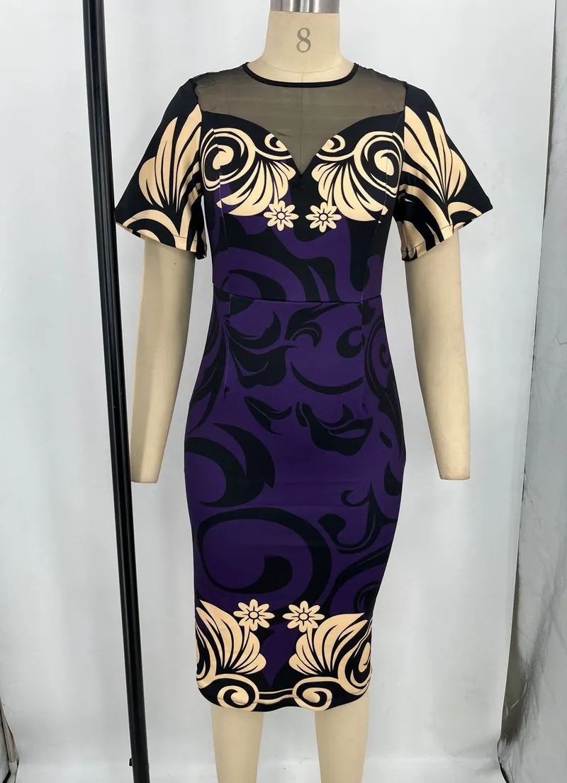 Y308030 Elegant Purple Print Party Dress for Women Sexy Mesh Short Sleeve Slim Office Lady Bodycon Dresses Summer OL Vestidos