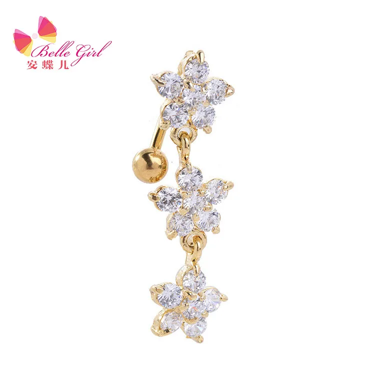 BELLEGIRL 2021 wholesale unique Stainless steel zircon Upside down zircon plum gold belly button ring dangling nose rings