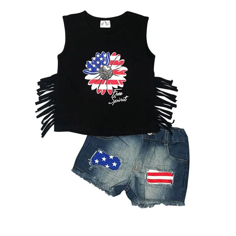 Girls Heart Star Sunflower Independence Day Tank Top Short Sleeve T-shirts with Washed Denim Jeans Shorts 4th of July Outfit