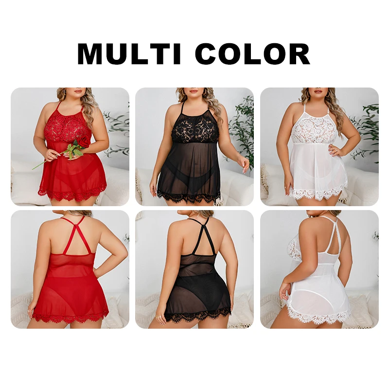 New Arrival Sexy Night Dress Fat Woman Temptation Plus Size Lace Mesh Nightdress Transparent Female Erotic Lingerie
