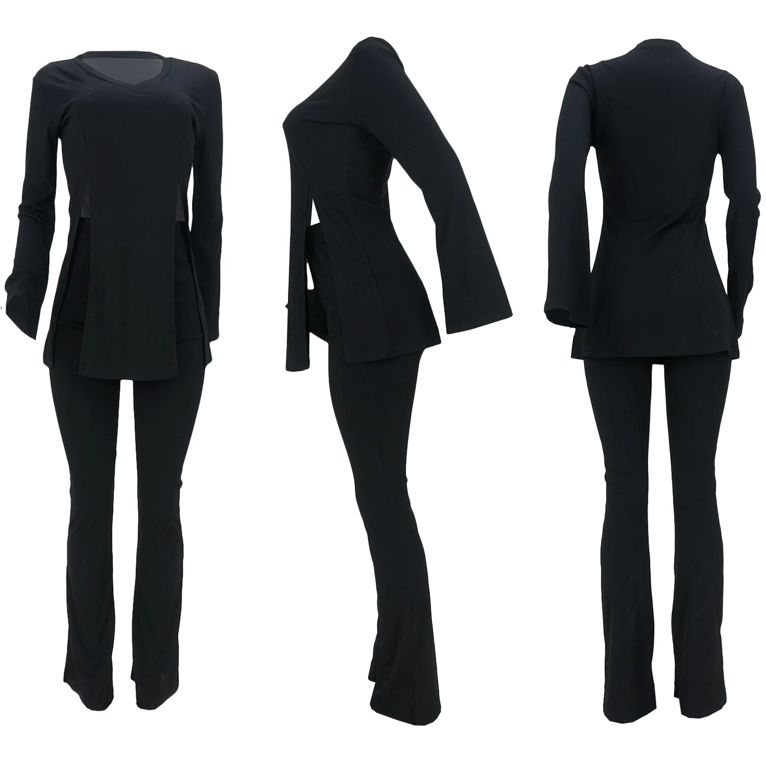 Custom Logo 2 Piece Set Fall Amazon Flared Sleeve Legging Pants T-Shirt Top Outfits Women V-Neck Suit Solid Color Two Piece Set