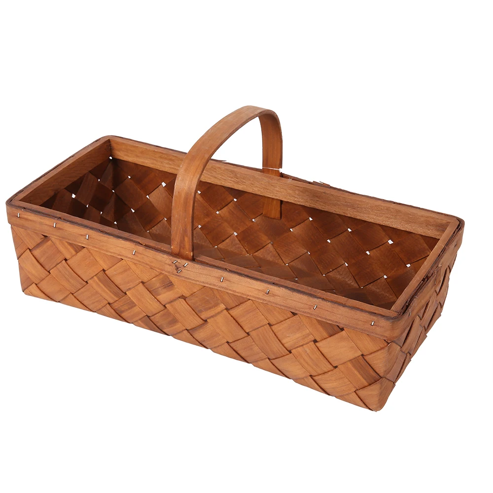 Natural Brown hand made rectangle woven baskets Stripe wooden gift baskets woodchip storage basket with Handles