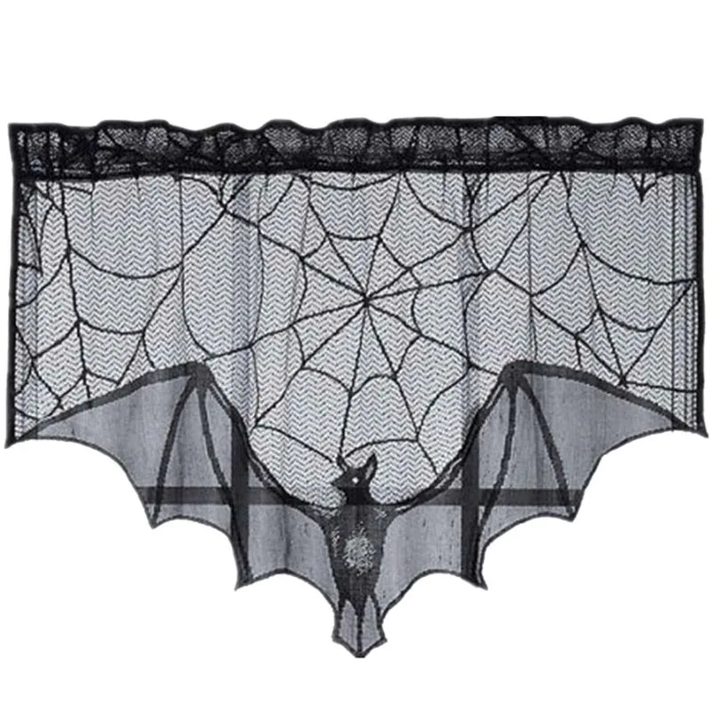 
Vlovelife Black Lace Bat Spider Web Fireplace Mantle Window Curtain Door Panel Scarf Halloween Decoration 