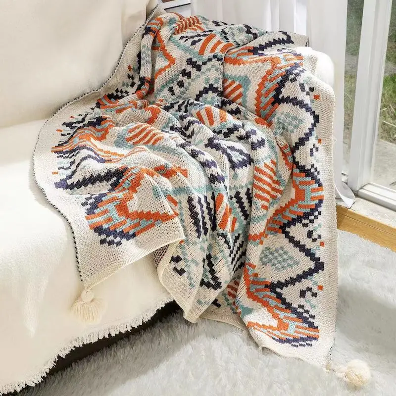 Bohemian Tassel Throw Blanket Ethnic Printed Multipurpose Knitted Tapestry for Outdoor Camping Picnic Sofa All Seasons Woven