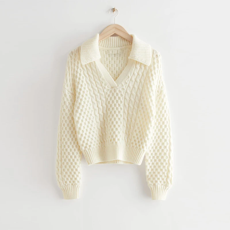 New Fashion Custom Ribbed Collar Cable Knit Sweater With Cuffs And Hem Merino Wool Polo Sweater With A Cable Knit