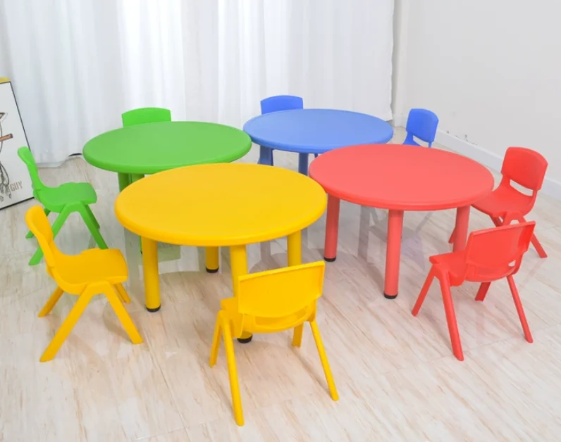 Cheap price kids table and chair set stainless steel adjustable legs preschool plastic round table and chair for children