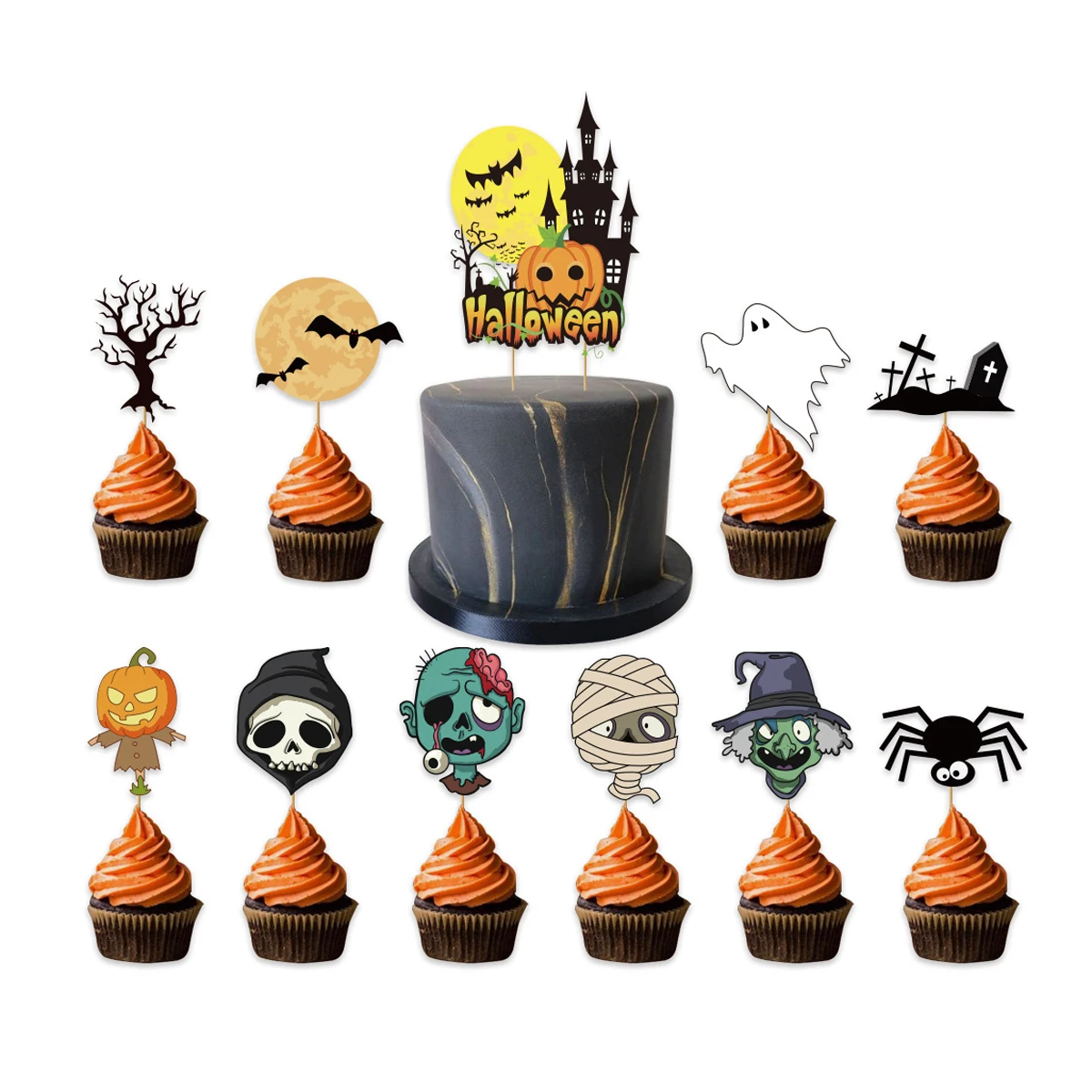 
Hot Sale Halloween Cake Topper Set Pumpkin Skull Zombie Spider Ghost Bat Cupcake Topper Ghost Festival Party Decoration Supplies 