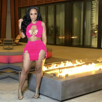 2021 newest Wholesale Summer Sleeveless Sexy Nightclub Split Chain Crop Top Bottom Skirt Two-piece Set