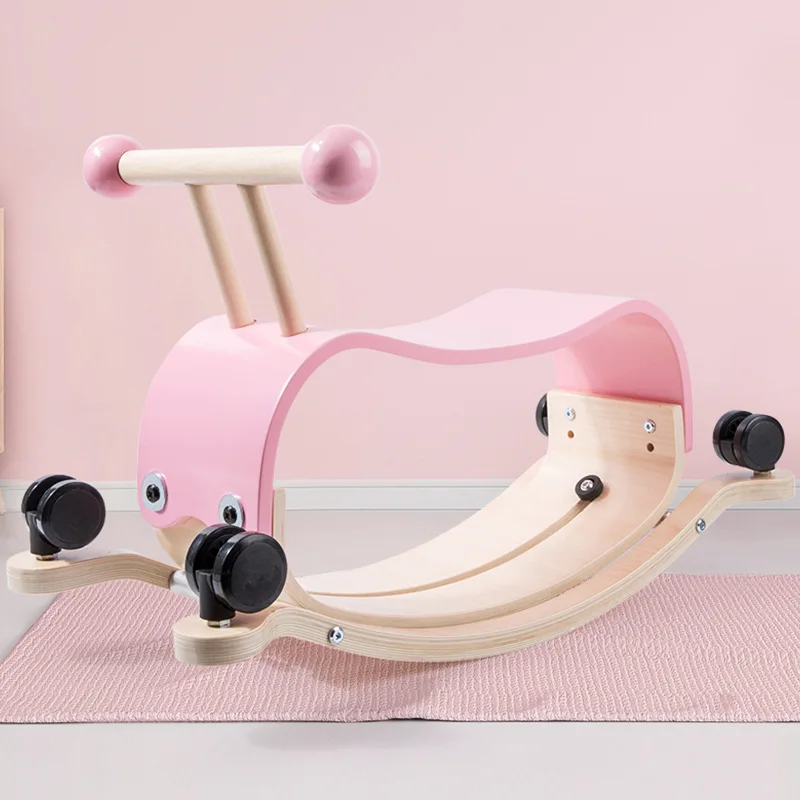 2 in 1 Toddler Rocking Horse Baby Walker Balance Bike Kids Wooden Rocker with Wheels