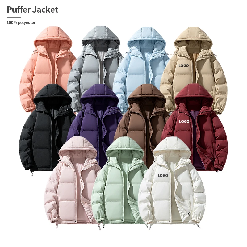 Wholesale Hood Puffer Puff Warm Thick Oem Custom Logo Zip Up Padded 100% Polyester Winter Jacket Men With Hat