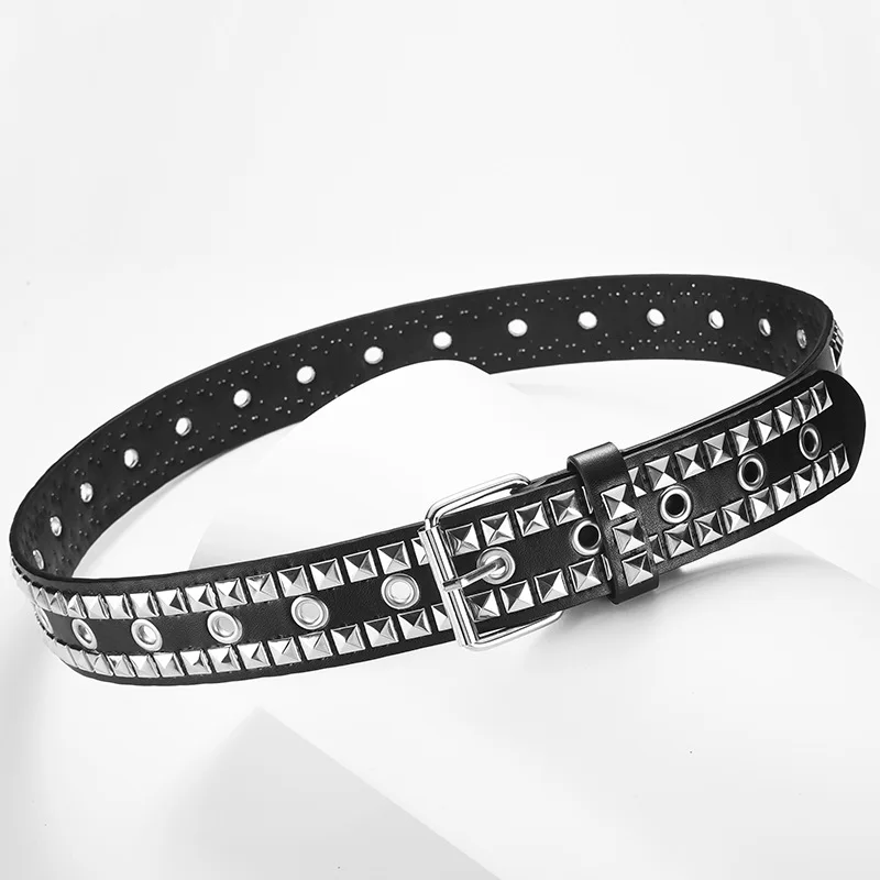 European And American Style Black Punk Leather Studded Two Lines Pyramid Rivet Belts Pu Leather Pin Buckle Belt For Jeans
