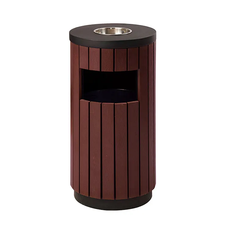 outside garden park wood trash container garbage can outdoor patio recycling dustbin mall public commercial waste rubbish bin