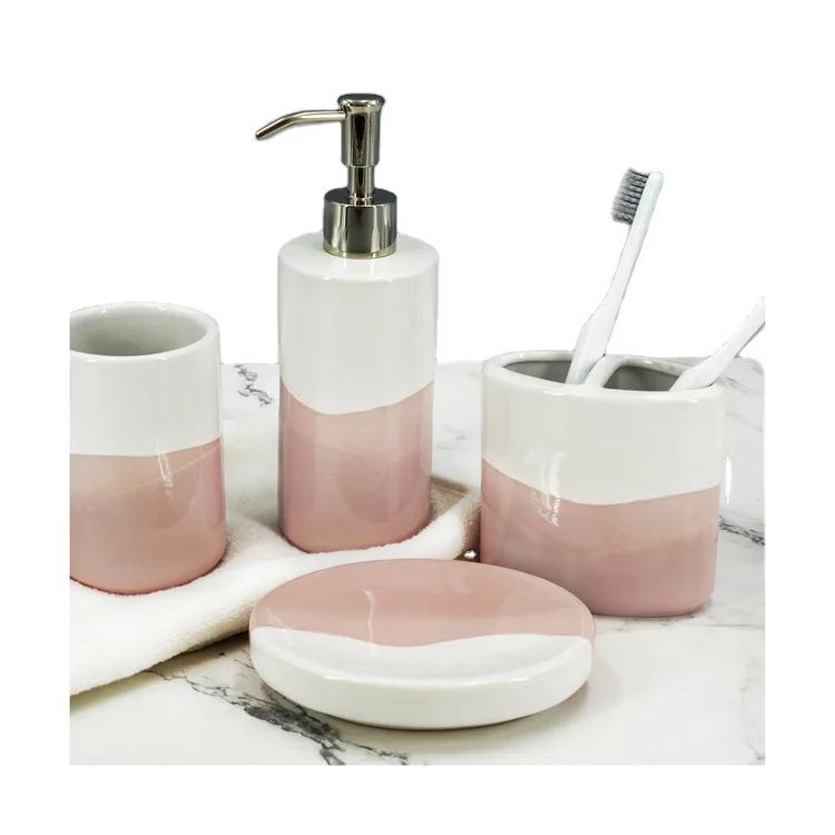 Unique Style Easy Care Cute Colorful And Fun Ceramic 4 Piece Bath Bathroom Table Top Accessories Set