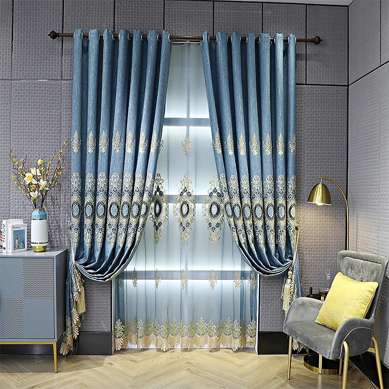 Fabric Curtains Designs Luxury European Elegant embroidered Curtains Living Room With Attached Valance