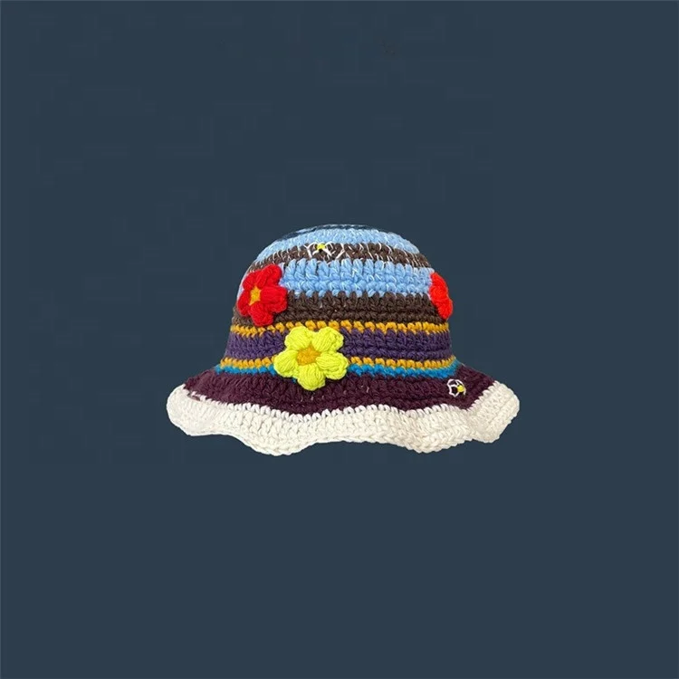 New Crochet Korean Handmade Bucket Hat Women Weaving Knitted Hat Y2k Fashion Flowers Autumn Winter Beanies Basin Cap