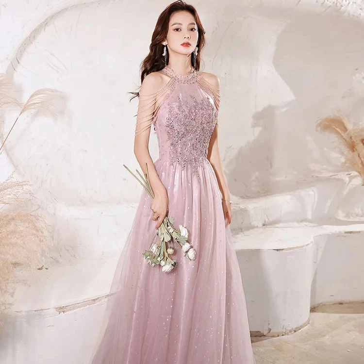 Pink evening dress for women new temperament socialite high-end banquet bridesmaid engagement birthday hosting dress