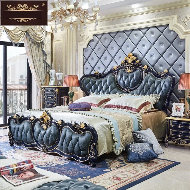 European full solid wood 1.8 master carved Villa leather Bed American double bed 2 m place Princess leather bedroom wedding bed