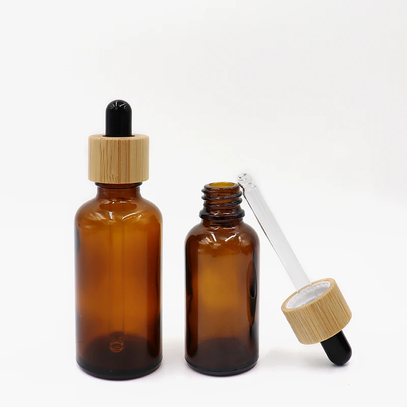 High Quality Dropper Bottle Empty Essential Oil for Face Skincare Black Amber Frosted Glass Dropper Bottle with Bamboo lid