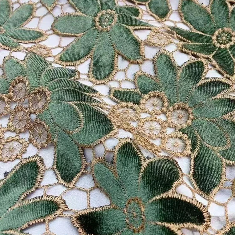 Guipure velvet Laser cord embroidered fabric dress Flower Design with green red qipao embroidered lace fabric