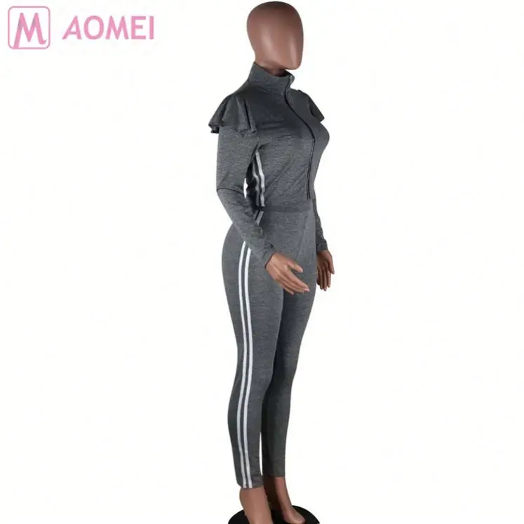
M6023 wholesale new side stripe zipper front leisure tracksuit Pant 2 Piece Set Women Clothing 