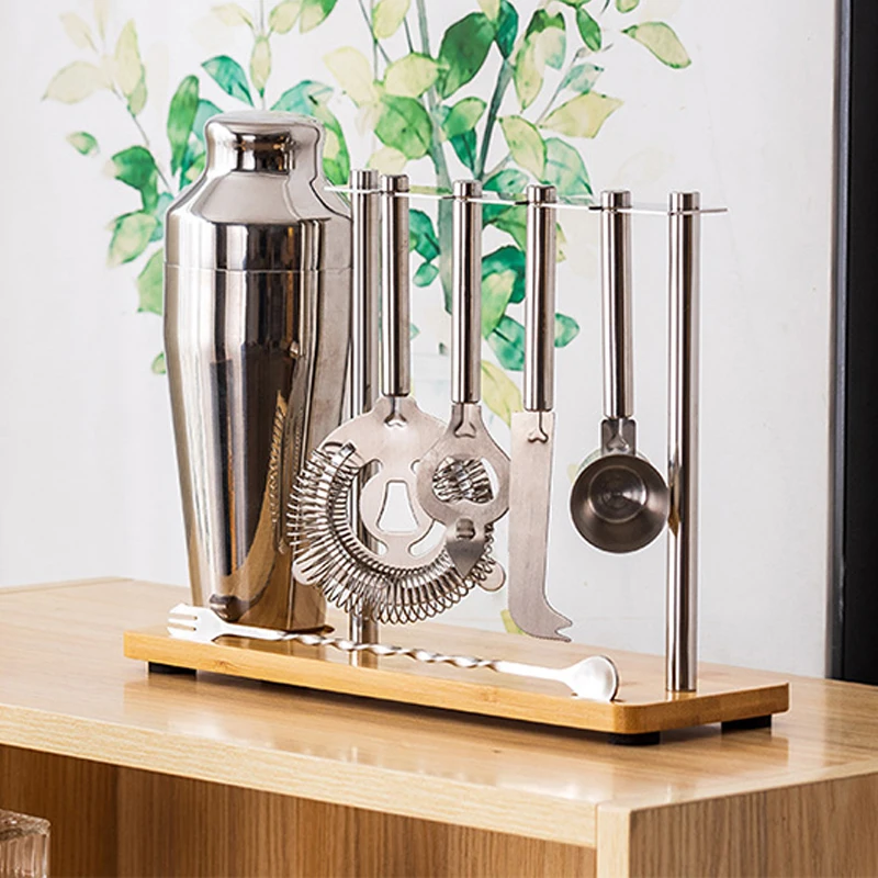 7pcs Bartending Kit Silver Metal Stainless Steel Bar Cocktail Shaker Set with Wood Stand Rack Bottle Opener Cheese Knife
